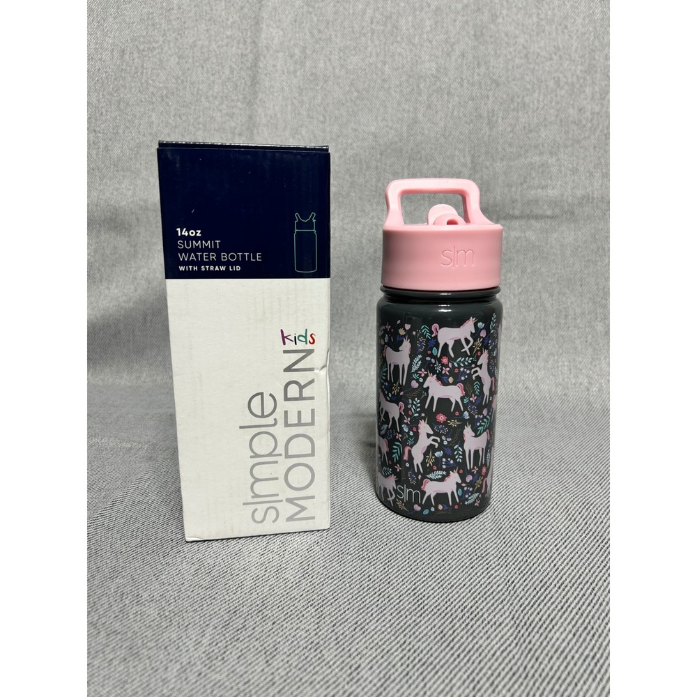Simple Modern Summit Water Bottle Kids 14oz Gray Pink Unicorn Fields Straw Lid